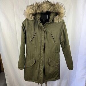 American Eagle Women's Olive Green Faux Fur Hooded Parka Coat Size S